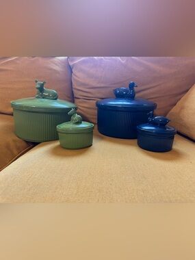 Rare Martha Stewart Collection Green Cow Navy Duck 9in 4in Casserole Dishes 4pc